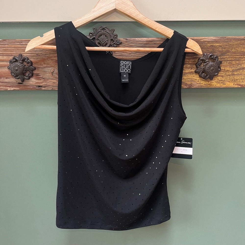 Clara Sunwoo Black Cowl Neck Sequin Perforated Tank Top XS 3TK-66 Made in‎ USA